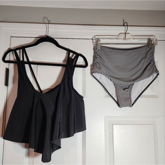 Black Asymmetrical Top and Striped High Waist Bikini Bottom Set M - Picture 1 of 6